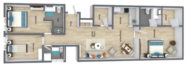 Spacious three-bedroom apartment with open living, dining, and kitchen areas designed for comfort and community.