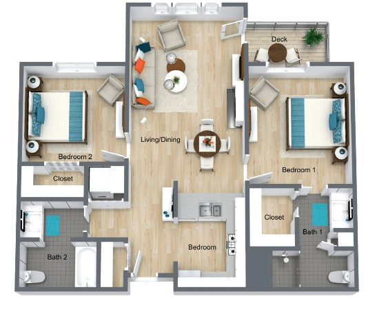 Two-bedroom, two-bath unit with open living space and a private outdoor deck for relaxation.