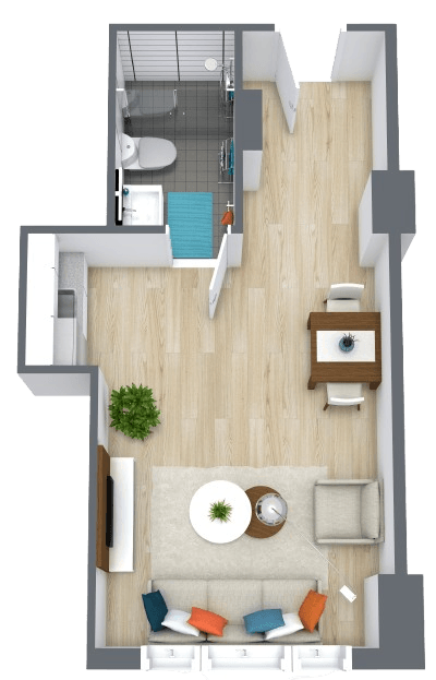 Bright and inviting retirement apartment with open living, dining areas, and a comfortable bathroom.