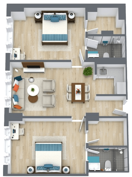 Bright, spacious two-bedroom apartment with open living area, dining space, and modern bathrooms fostering community comfort.