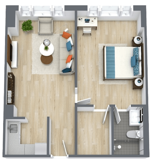 Spacious one-bedroom apartment with a bright living area, modern kitchen, and comfortable bedroom.