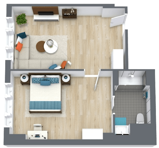 One-bedroom apartment with open living space, natural light, and modern amenities for comfortable living.