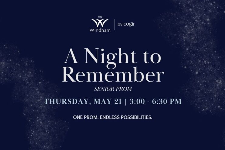 Elegant senior prom event announcement conveying a warm, celebratory community atmosphere.