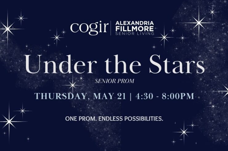 Senior prom event invitation with stars, promoting community and joyful celebration.