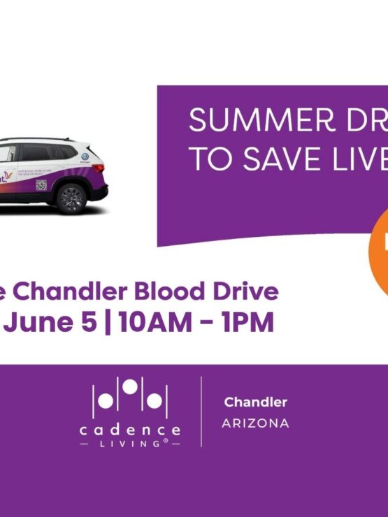 Community blood drive event promoting health and connection at Cadence Chandler retirement home.