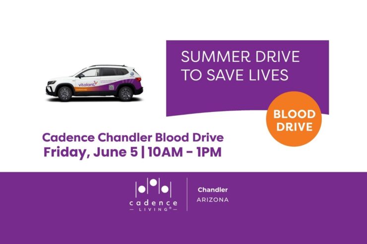 Community blood drive event promoting health and connection at Cadence Chandler retirement home.