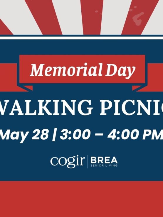 Community gathering promoting a Memorial Day walking picnic with friendly social connection.