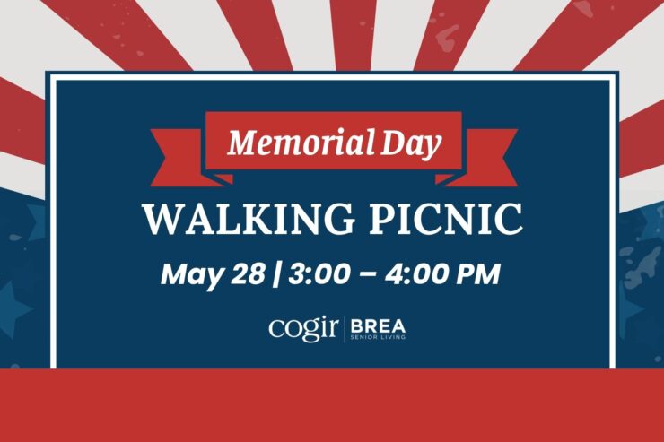 Community gathering promoting a Memorial Day walking picnic with friendly social connection.