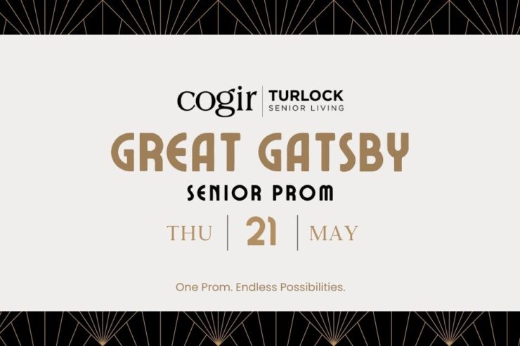 Elegant event sign announcing the Great Gatsby Senior Prom at Cogir Turlock Senior Living.
