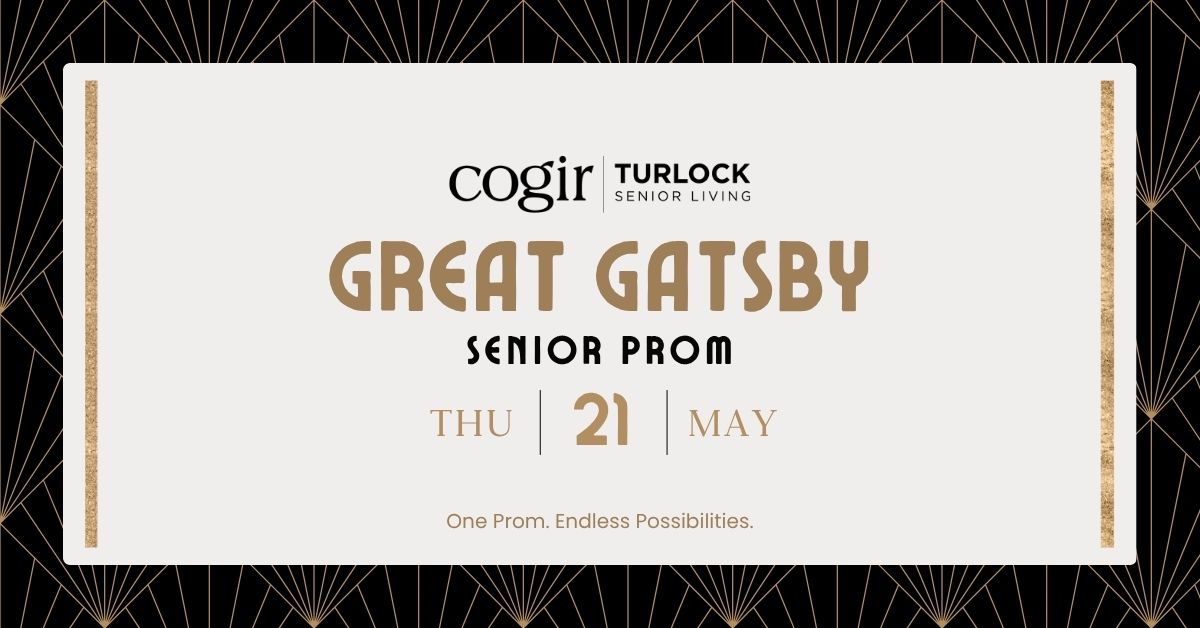 Elegant event sign announcing the Great Gatsby Senior Prom at Cogir Turlock Senior Living.