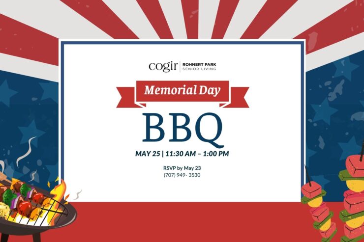 Memorial Day BBQ celebration flyer with festive red, white, and blue colors and grilled skewers.