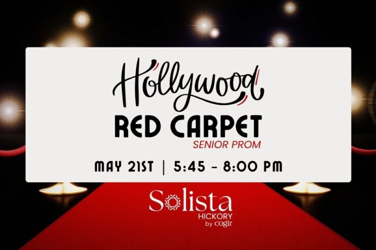 Invitation graphic featuring a Hollywood-themed senior prom event with elegant red carpet ambiance.