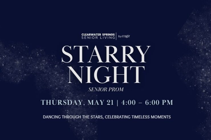 Elegant event invitation with a starry night theme, fostering joyful senior community moments.