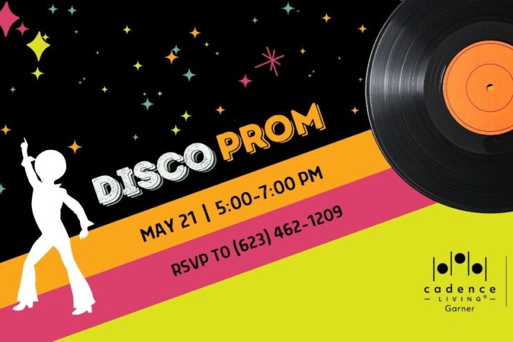 Colorful event invitation with a retro disco theme, promoting fun and connection for residents.
