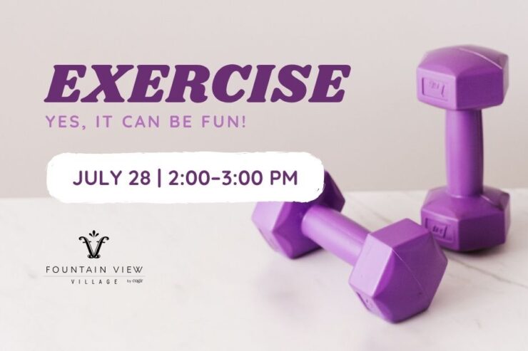 Bright setting with purple dumbbells promoting a fun, engaging exercise event for residents.