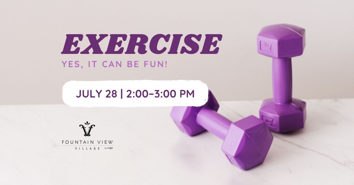 Bright setting with purple dumbbells promoting a fun, engaging exercise event for residents.
