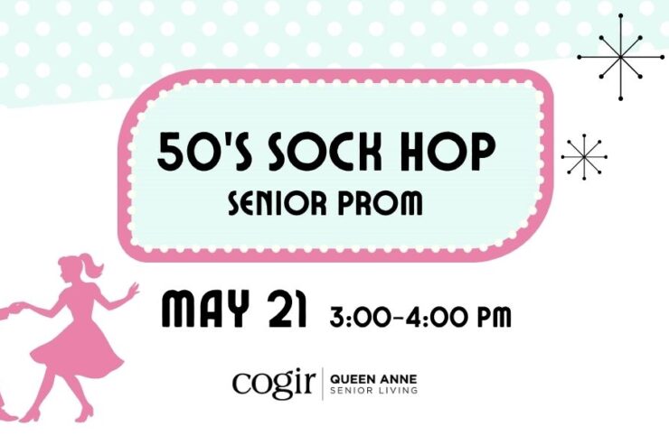 Friendly community gathering celebrating a 50's-themed senior prom with dancing and fun.