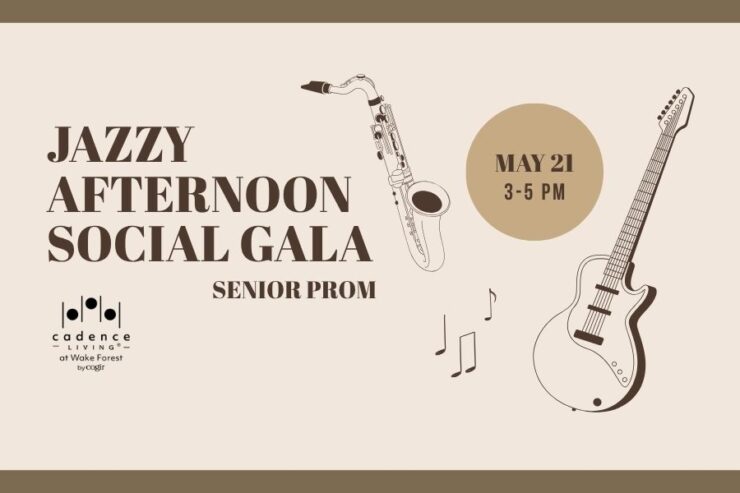 Senior prom event announcement with live jazz music for community socializing and enjoyment.