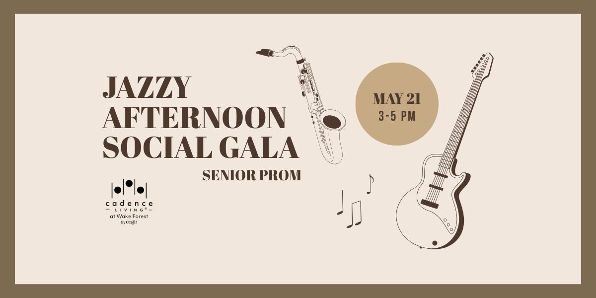 Senior prom event announcement with live jazz music for community socializing and enjoyment.