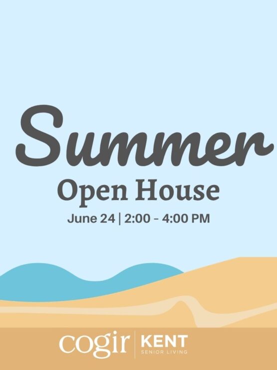 Sunny beach scene with palm tree and umbrella promoting summer open house event