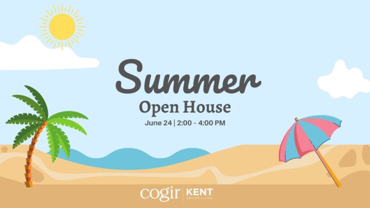 Sunny beach scene with palm tree and umbrella promoting summer open house event