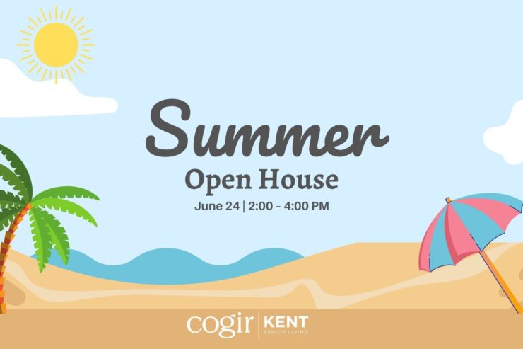 Sunny beach scene with palm tree and umbrella promoting summer open house event