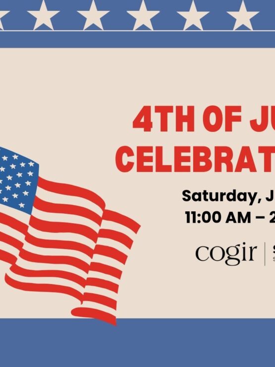 American flag waves beside details for a 4th of July community celebration event