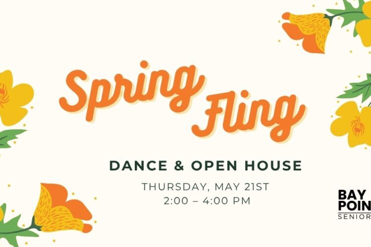 Spring Fling event announcement with bright floral accents promoting community dance and open house.