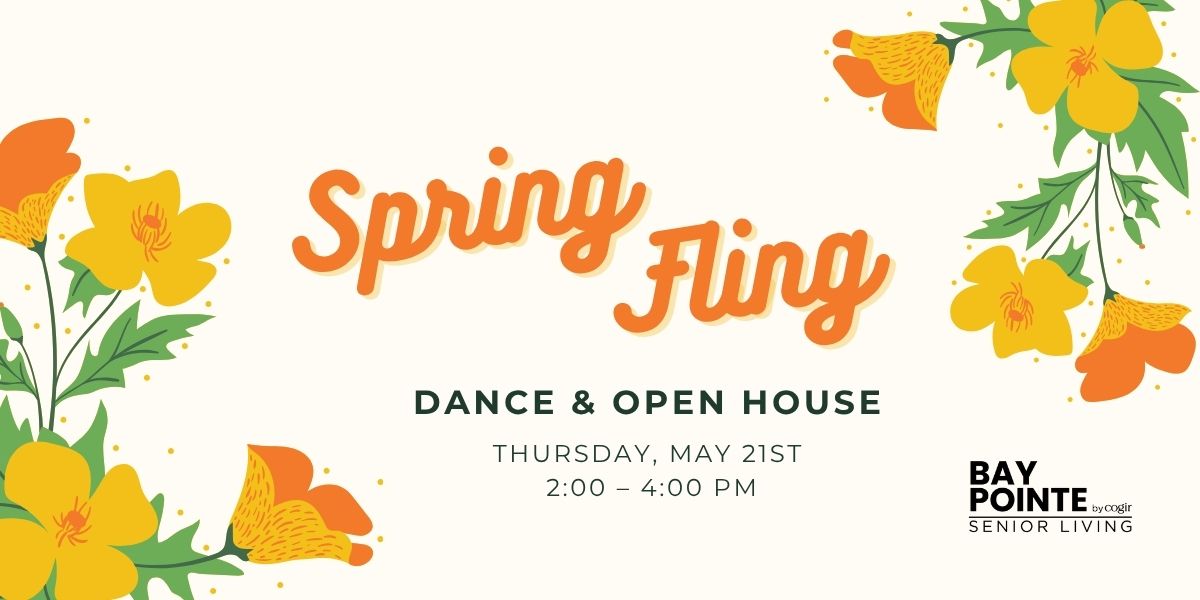 Spring Fling event announcement with bright floral accents promoting community dance and open house.