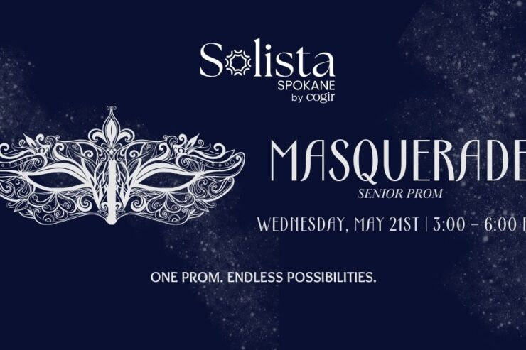 Elegant masquerade-themed senior prom event invitation promoting community and celebration.