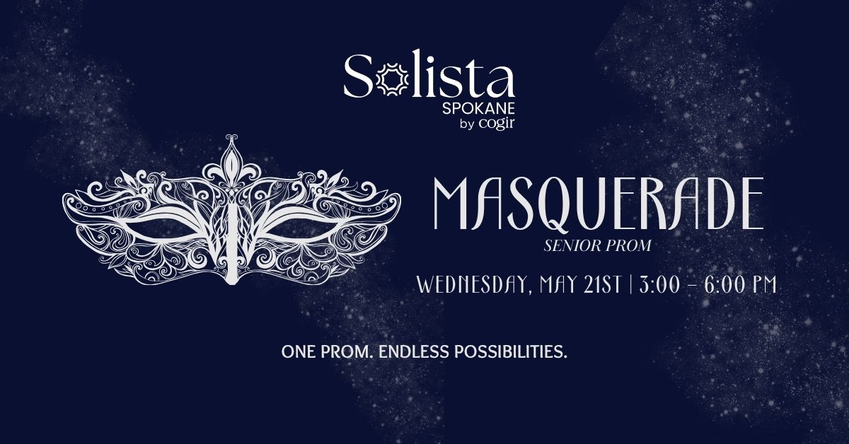 Elegant masquerade-themed senior prom event invitation promoting community and celebration.