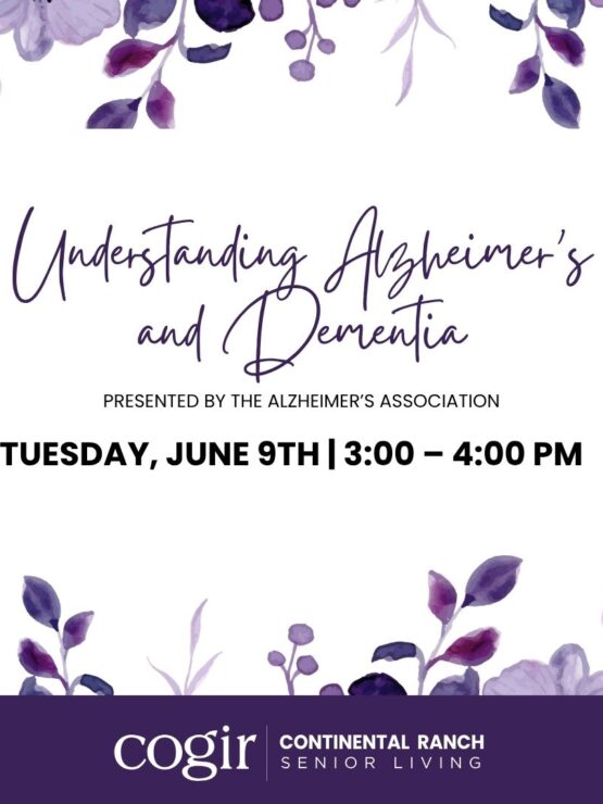 Floral-themed event announcement for Alzheimer's and dementia awareness at senior living community.