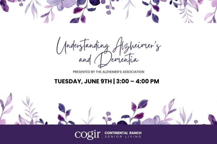 Floral-themed event announcement for Alzheimer's and dementia awareness at senior living community.
