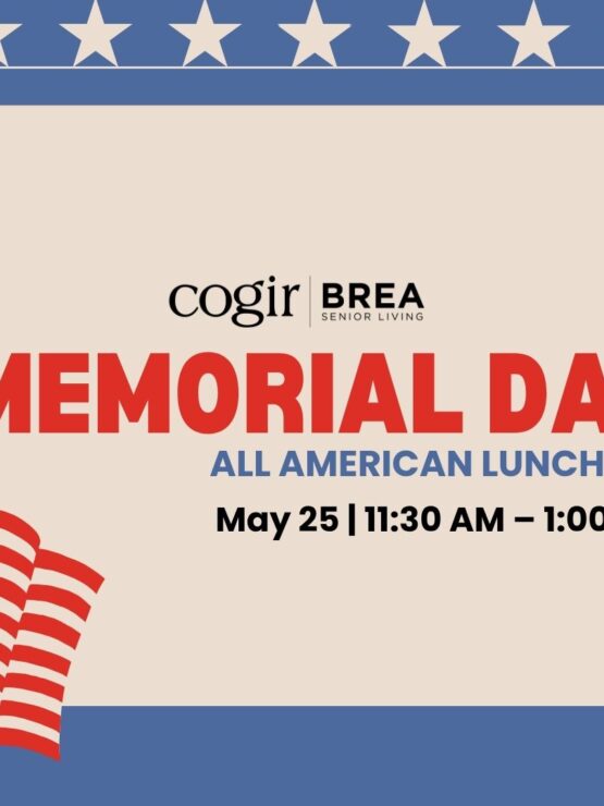 Memorial Day luncheon event announcement with patriotic stars, flags, and warm community spirit.
