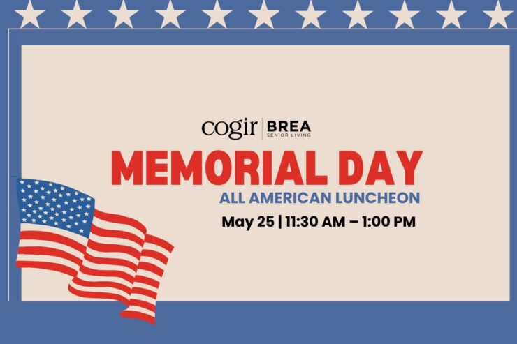 Memorial Day luncheon event announcement with patriotic stars, flags, and warm community spirit.