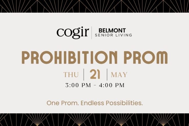 Elegant event invitation for Belmont Senior Living’s Prohibition Prom on May 21st.