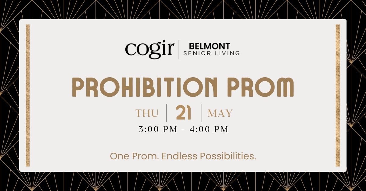 Elegant event invitation for Belmont Senior Living’s Prohibition Prom on May 21st.