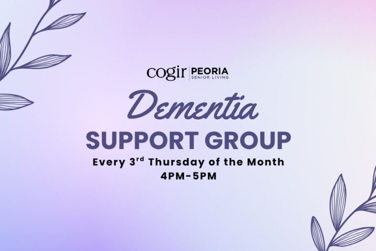 Gentle purple background with leaf accents promoting a monthly dementia support group.