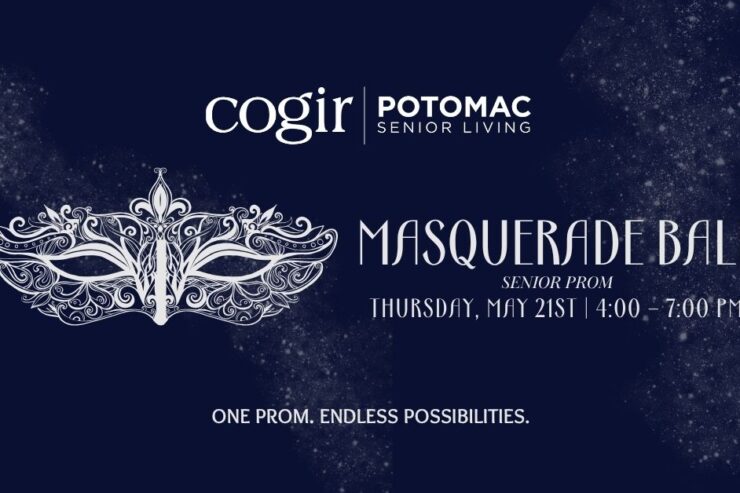 Elegant masquerade ball invitation promoting a senior prom event filled with joy and connection.