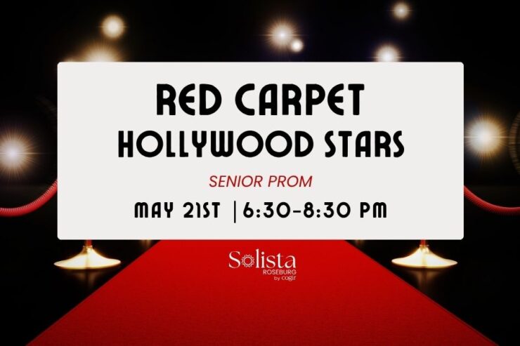 Invitation to a senior prom event with a red carpet and Hollywood star theme promoting community celebration.