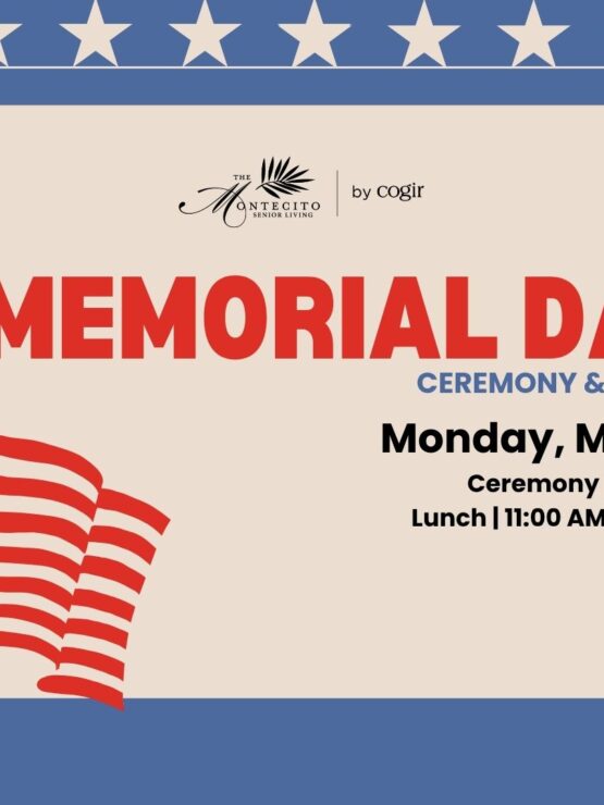 American flag with event details for Memorial Day ceremony and lunch at senior living community