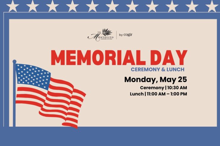 American flag with event details for Memorial Day ceremony and lunch at senior living community