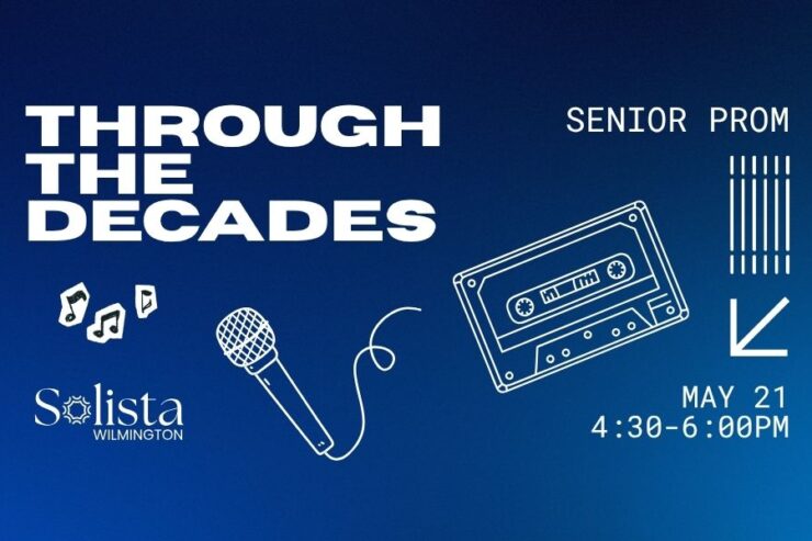 Senior prom event invitation featuring music icons and a welcoming community celebration atmosphere.
