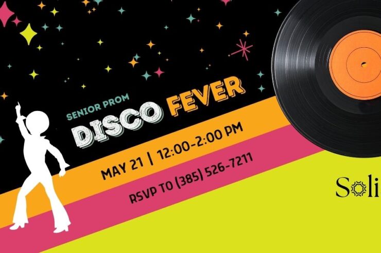 Senior prom disco event invitation with vibrant colors, music, and fun community spirit.