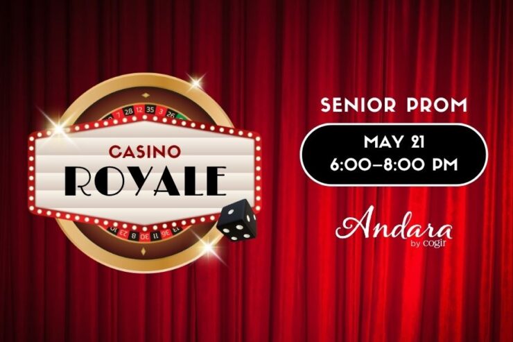 Elegant event announcement with a welcoming vibe for a senior prom themed Casino Royale.