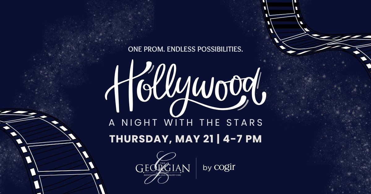 Elegant Hollywood-themed prom event announcement for a joyful community evening at the retirement home.