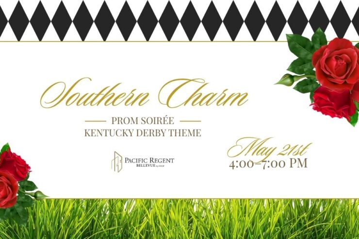 Elegant invitation with roses and greenery, promoting a festive Southern Charm prom event.
