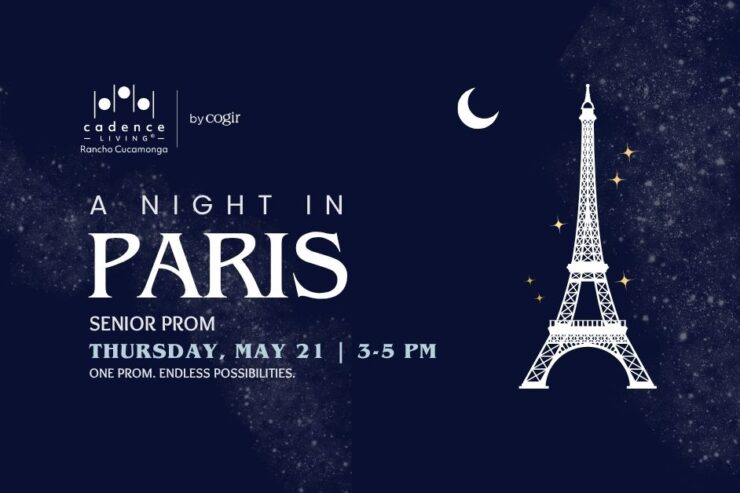 Invitation to a themed senior prom event at Cadence Living with a Parisian night atmosphere.