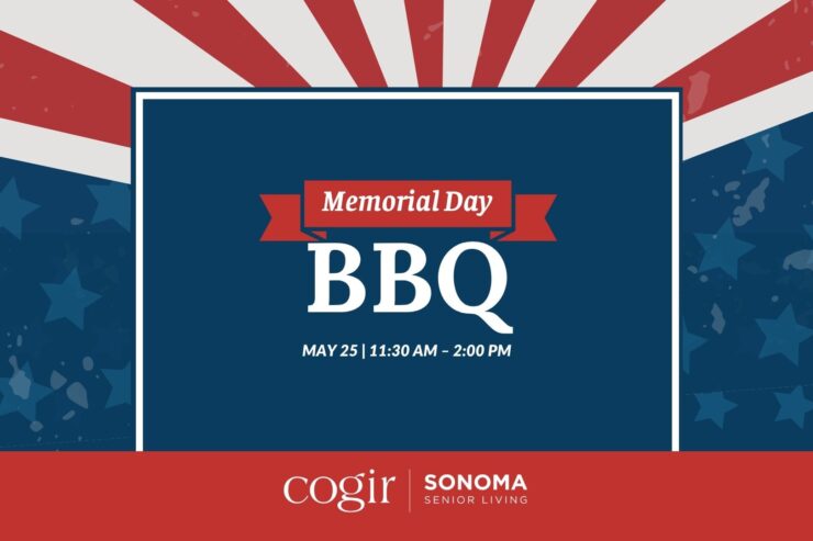 Patriotic Memorial Day BBQ event announcement with warm community gathering details.