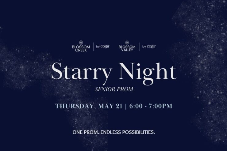 Elegant senior prom event invitation with a serene starry night theme promoting community engagement.